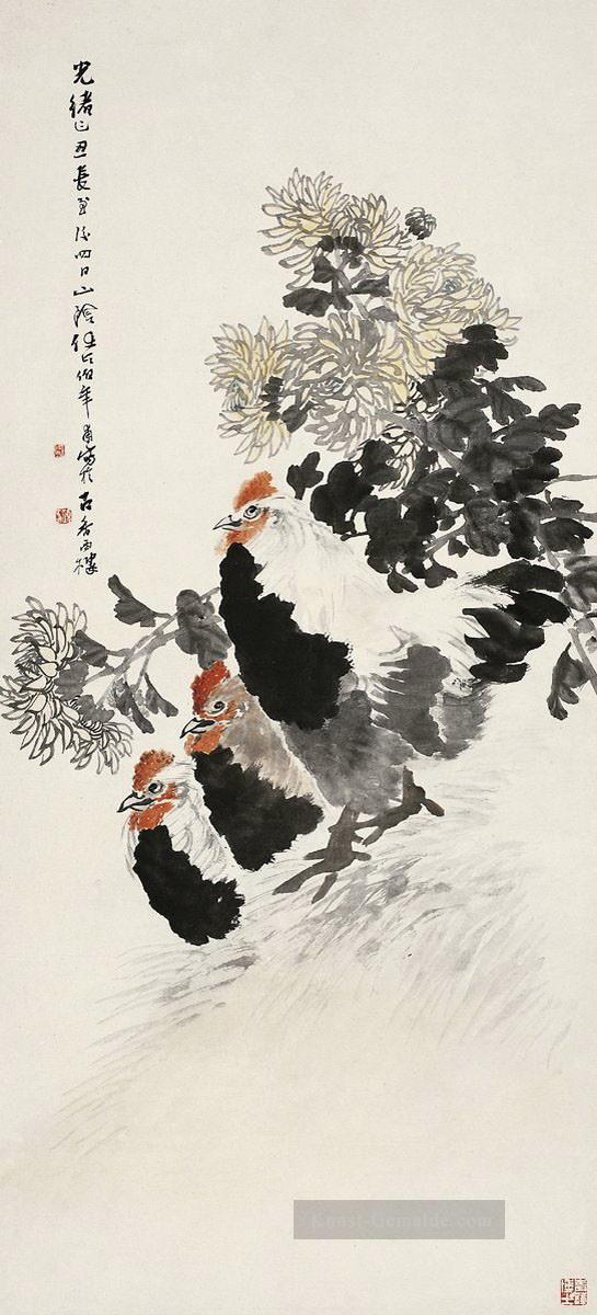 Ren Bonian drei Hähnen chinesische Malerei Ölgemälde